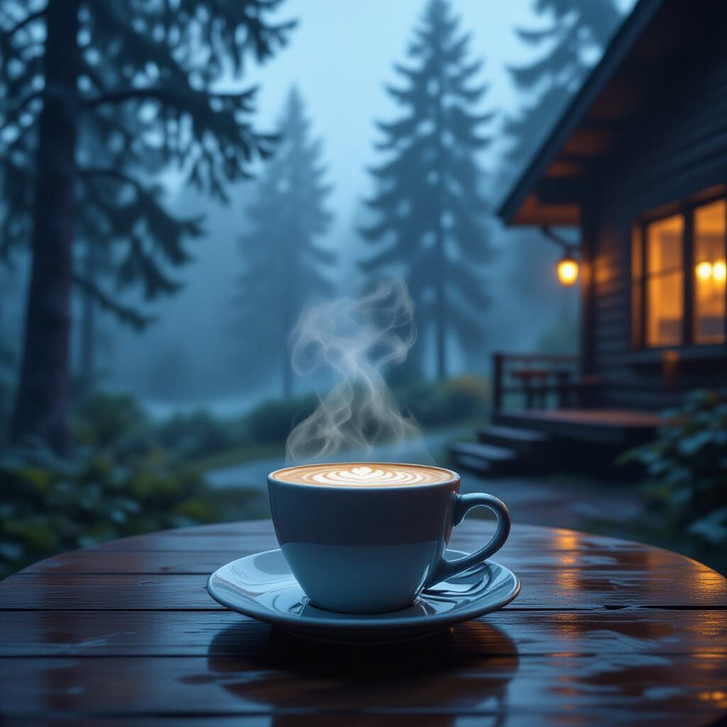 Latte in Rainy Forest Cabin: Photorealistic Digital Art