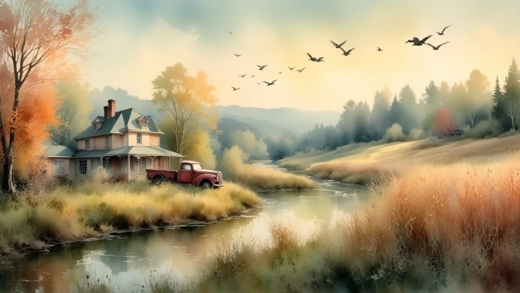Renaissance Farm Landscape with Vintage Truck and Autumn Hue...