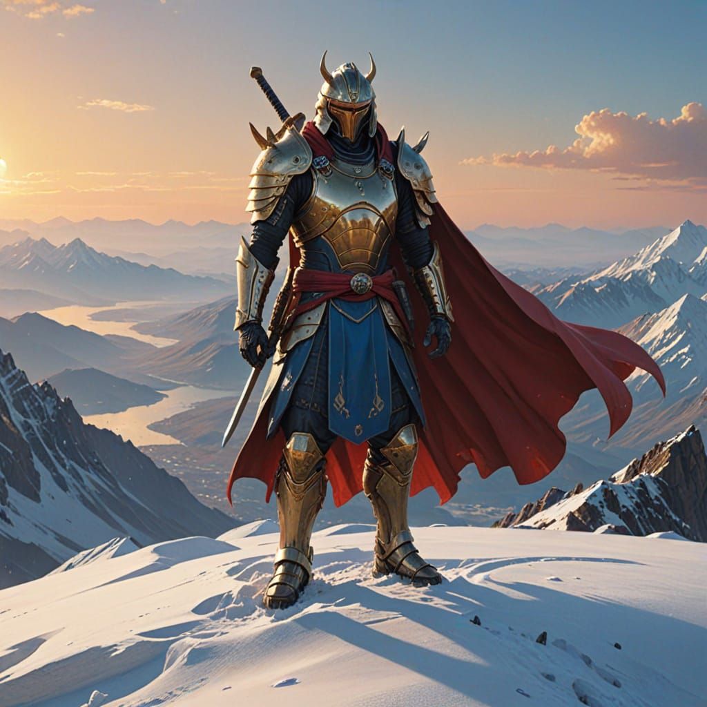 Futuristic Samurai Warrior on Snowy Peak in Digital Art