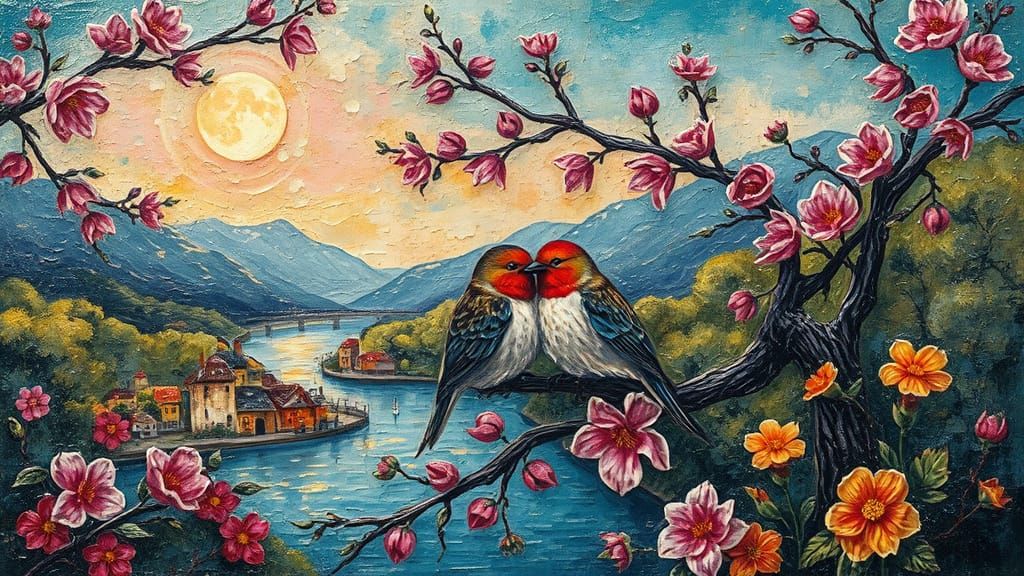 Lovebirds in Whimsical Village Landscape at Sunset