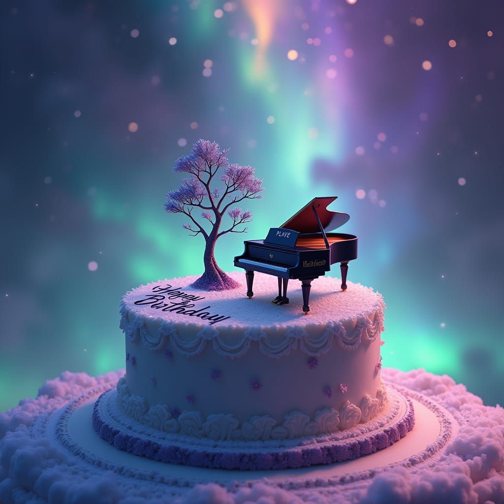 Ethereal Birthday Cake Under Northern Lights in Cosmic Galax...