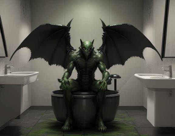 Gremlin with Bat Wings on Toilet