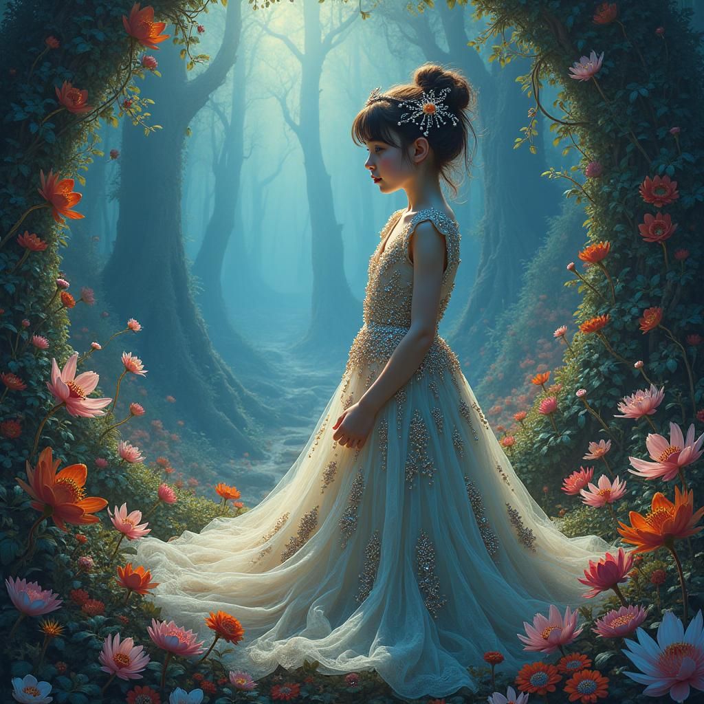 Mysterious Girl in Dreamlike Garden, Matte Painting