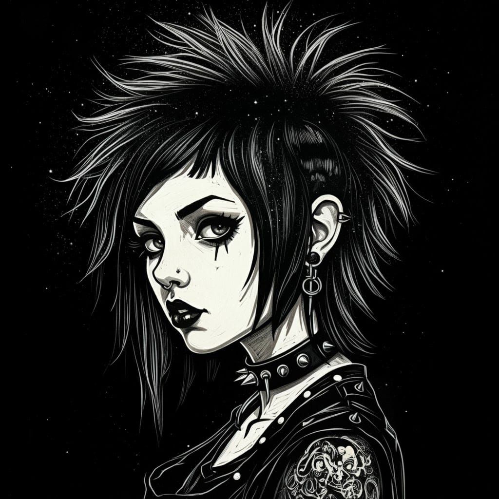 High Contrast Linocut of a Goth Punk Girl