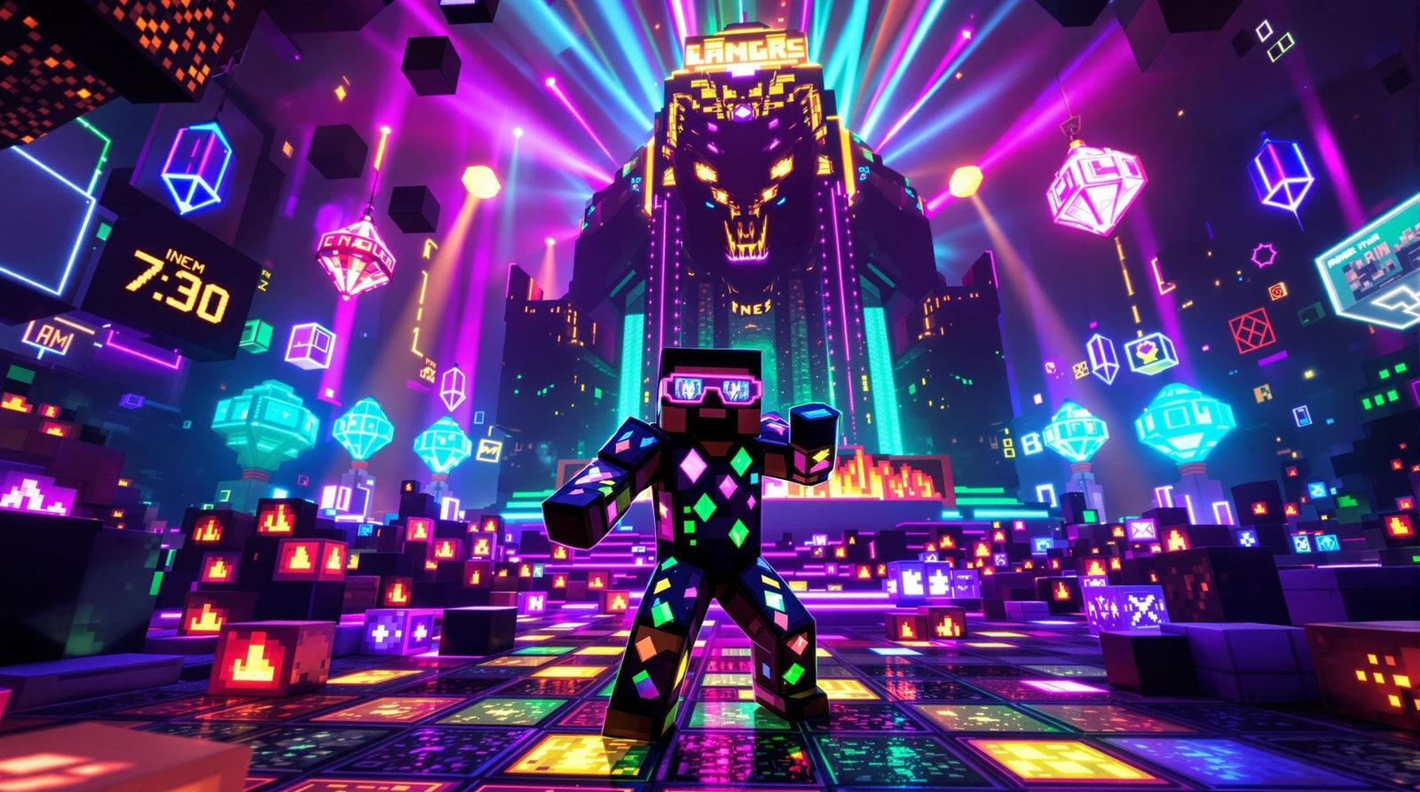 Minecraft Steve in Cyberpunk Rave Style