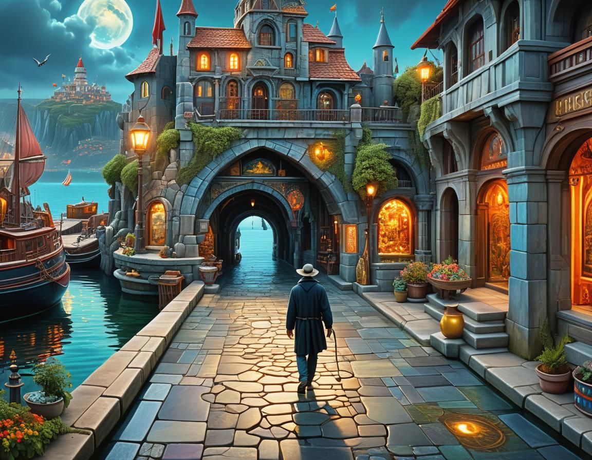 Elegant Man Strolls Along Enchanted Waterfront in Dreamlands