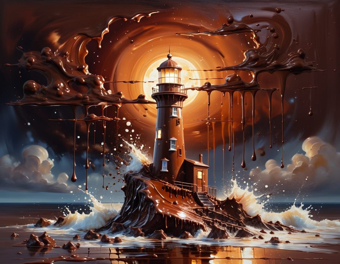 Melting Chocolate Lighthouse in Surreal Impasto Style