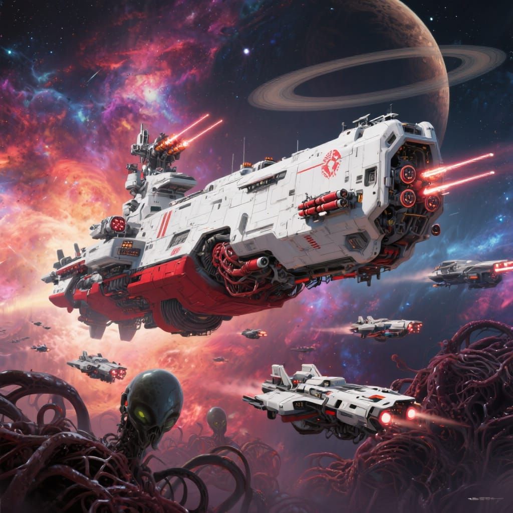 Epic Space Battle Cruiser Against Alien Invasion