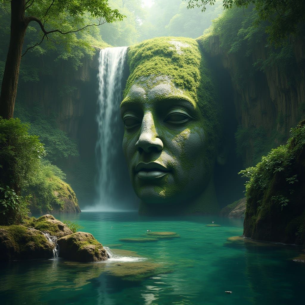 Ancient Jungle Statue in Waterfall, Surreal Digital Art