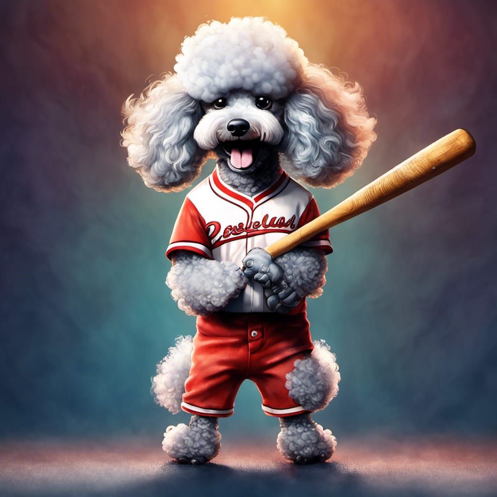 Anthropomorphic Poodle Baseball Player in Watercolor Style