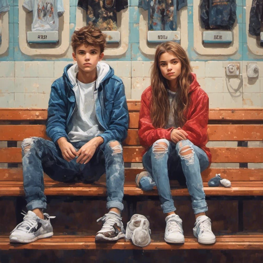 Teenage Girl and Boy in Hyperreal Locker Room
