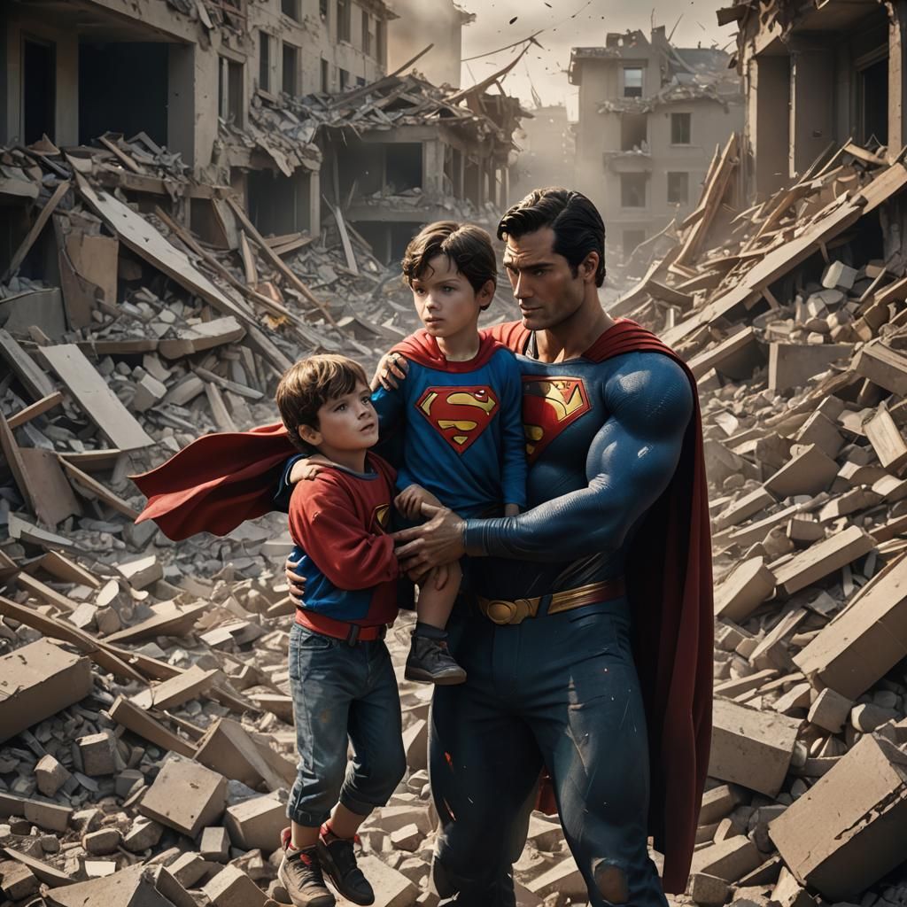 Superman Rescues Child After Earthquake: Hyper-Realistic Art