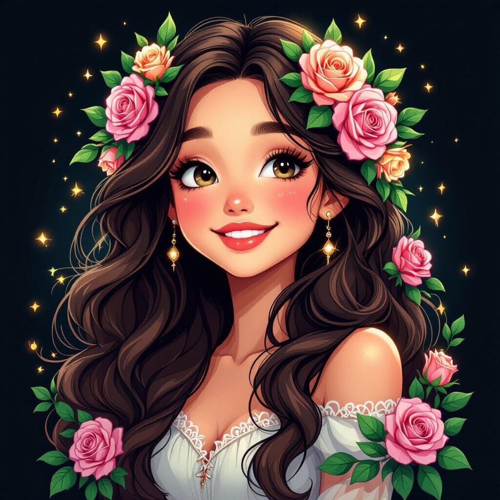 Cute Cartoon Girl Adorned with Roses and Leaves