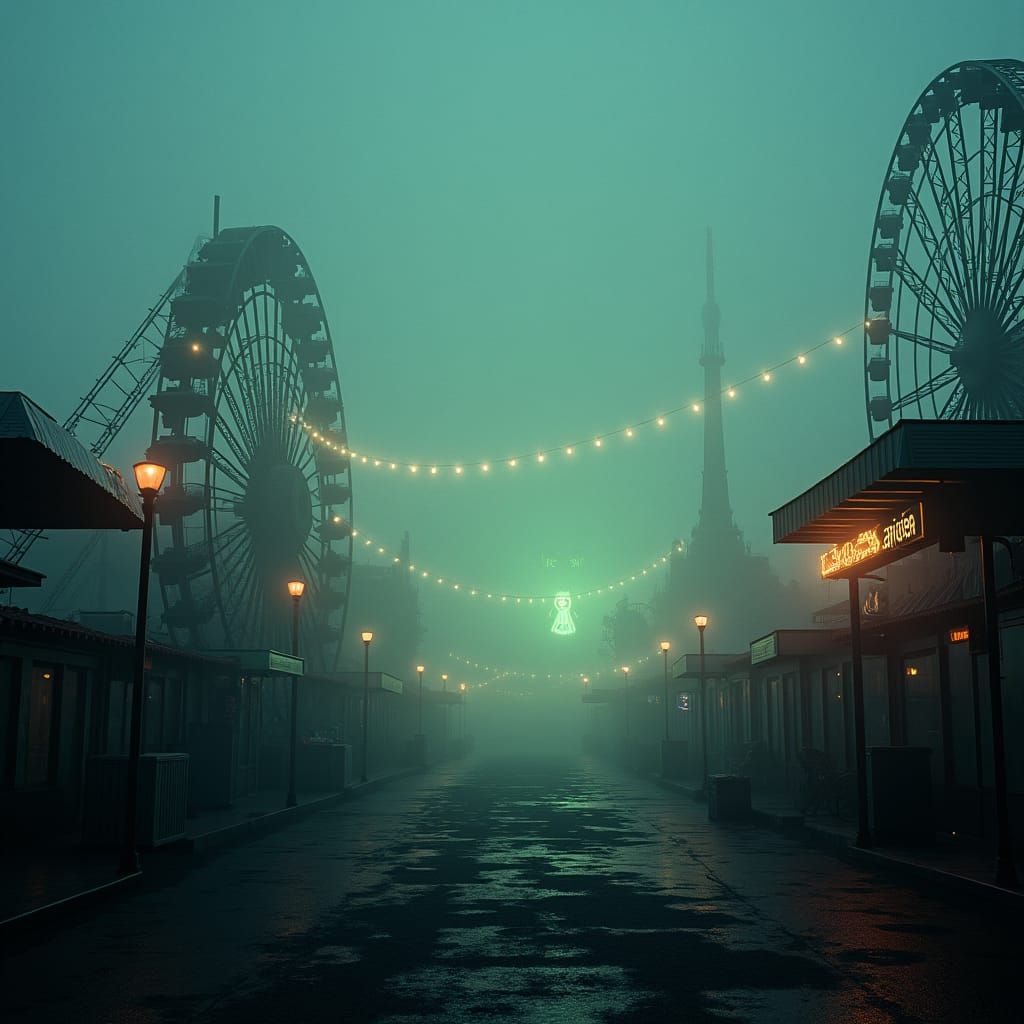 Abandoned Amusement Park at Dusk: Ethereal Spectacle