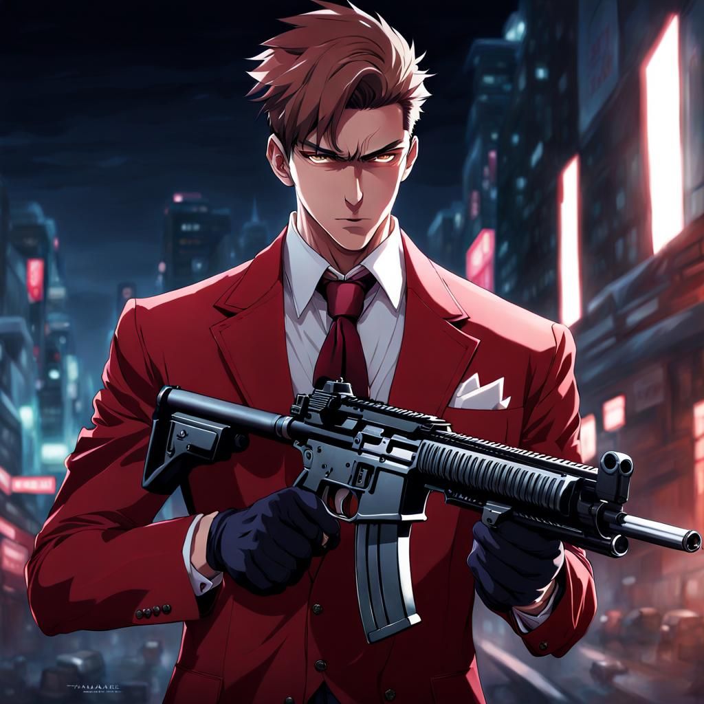 Man in Red Suit with Machine Gun, Anime Style