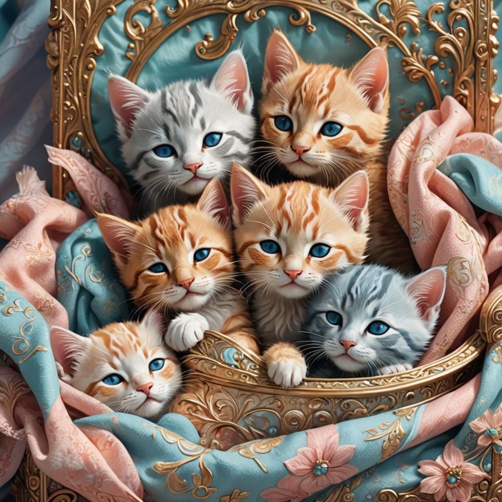 Kittens Sleeping in Ornate Box: Whimsical Concept Art