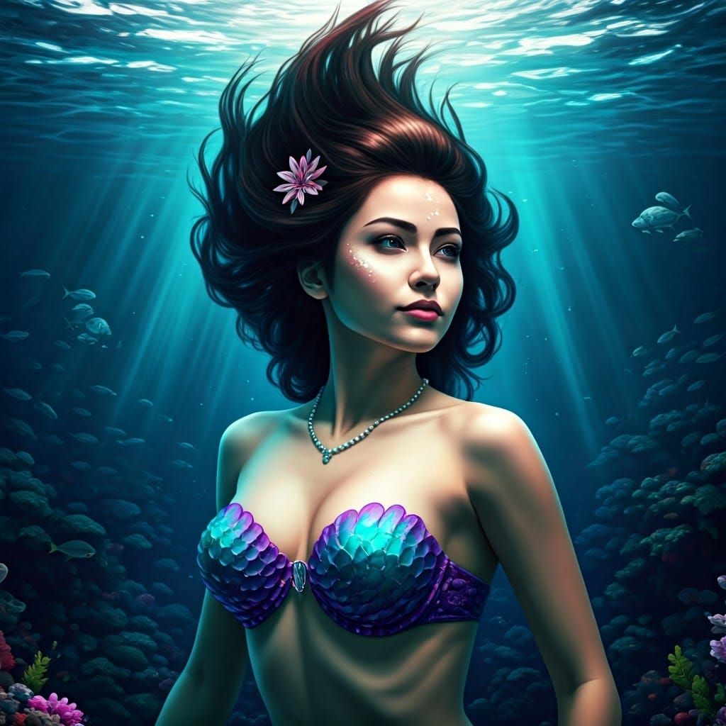 Exotic Mermaid in Vibrant Purple and Teal Attire