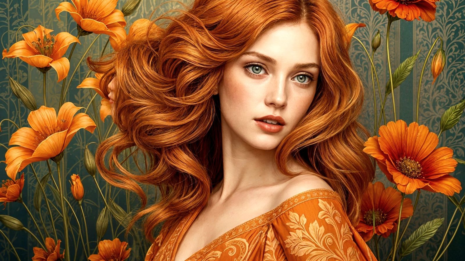 Graceful Redhead in Art Nouveau Style Illustration