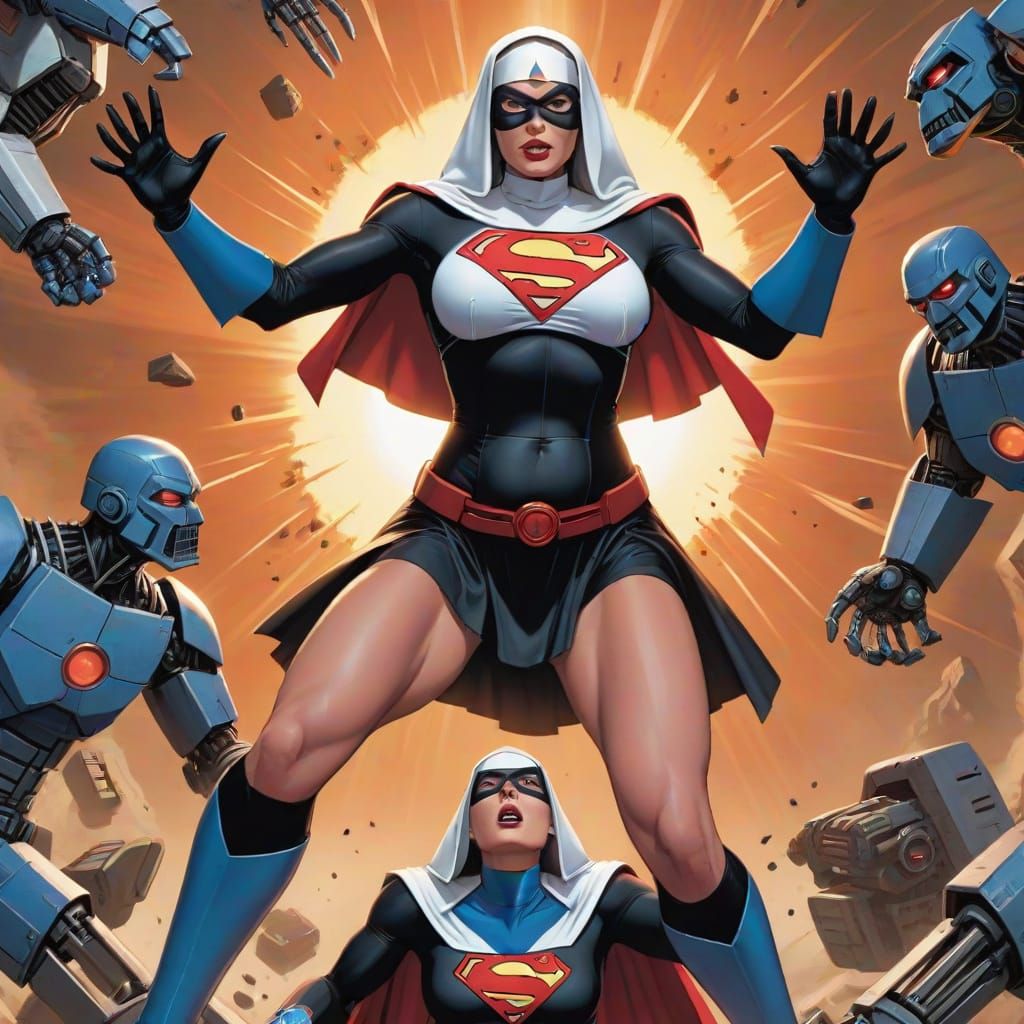 Superheroine in Peril within Giant Robot's Grasp