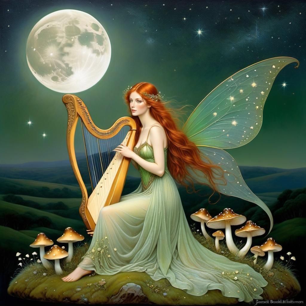 Beautiful Irish Fairy with Harp on Fairy Mound