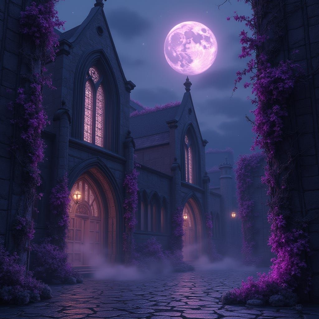 Gothic Library in Mystical City at Night