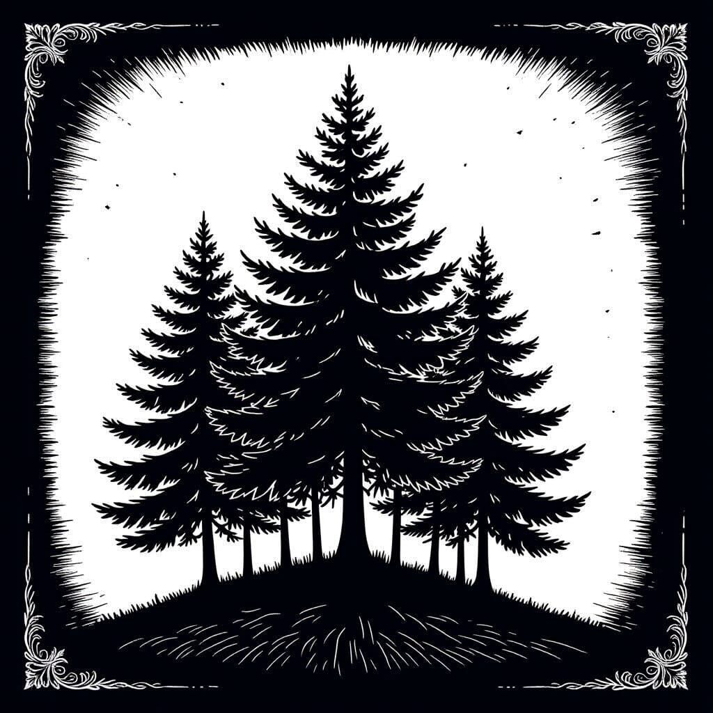Monochromatic Fir Forest Silhouette in Woodcut Style