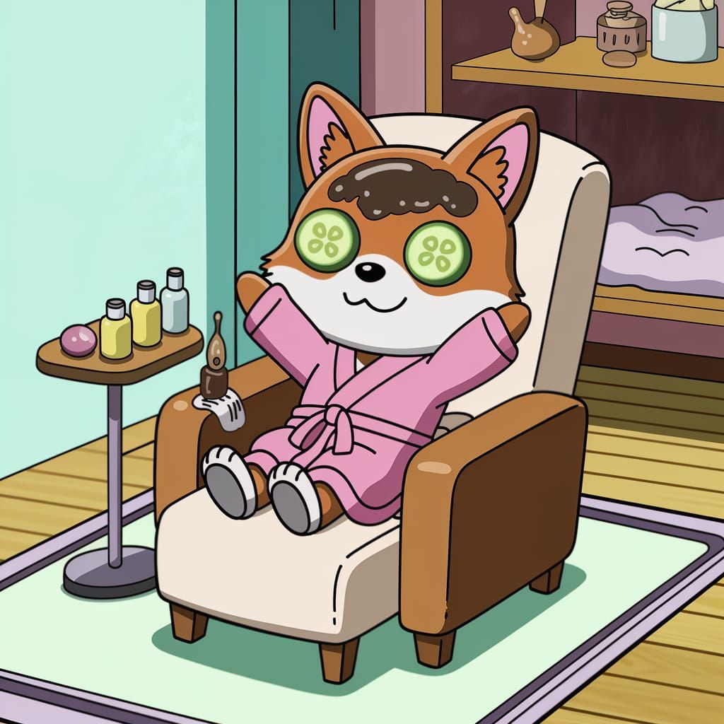 Cute Chibi Fox Relaxing in Spa: 2D Anime