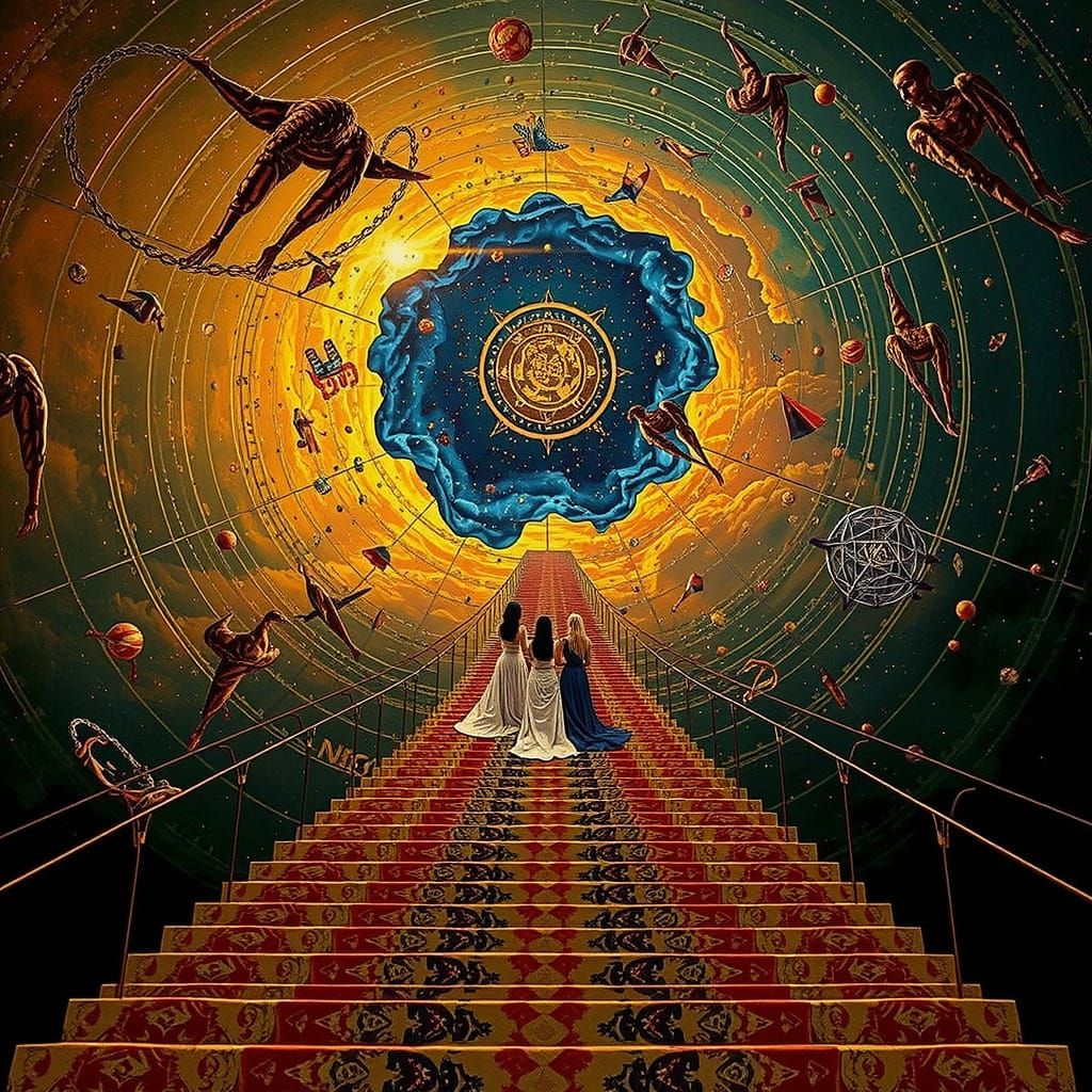 Elegant Women Ascend Celestial Staircase in Vivid Hyperreali...