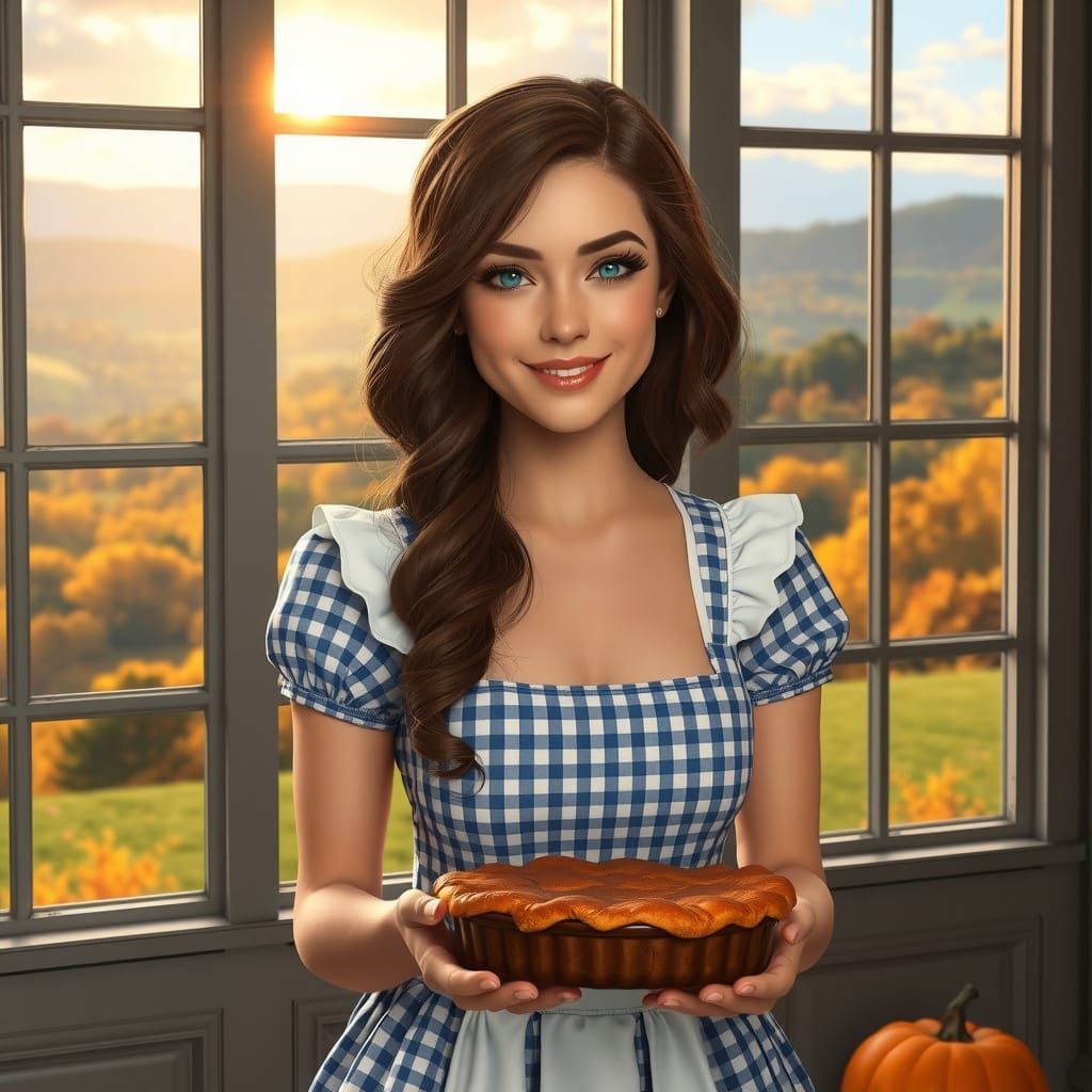 Dorothy Gale in Autumn Landscape with Pumpkin Pie
