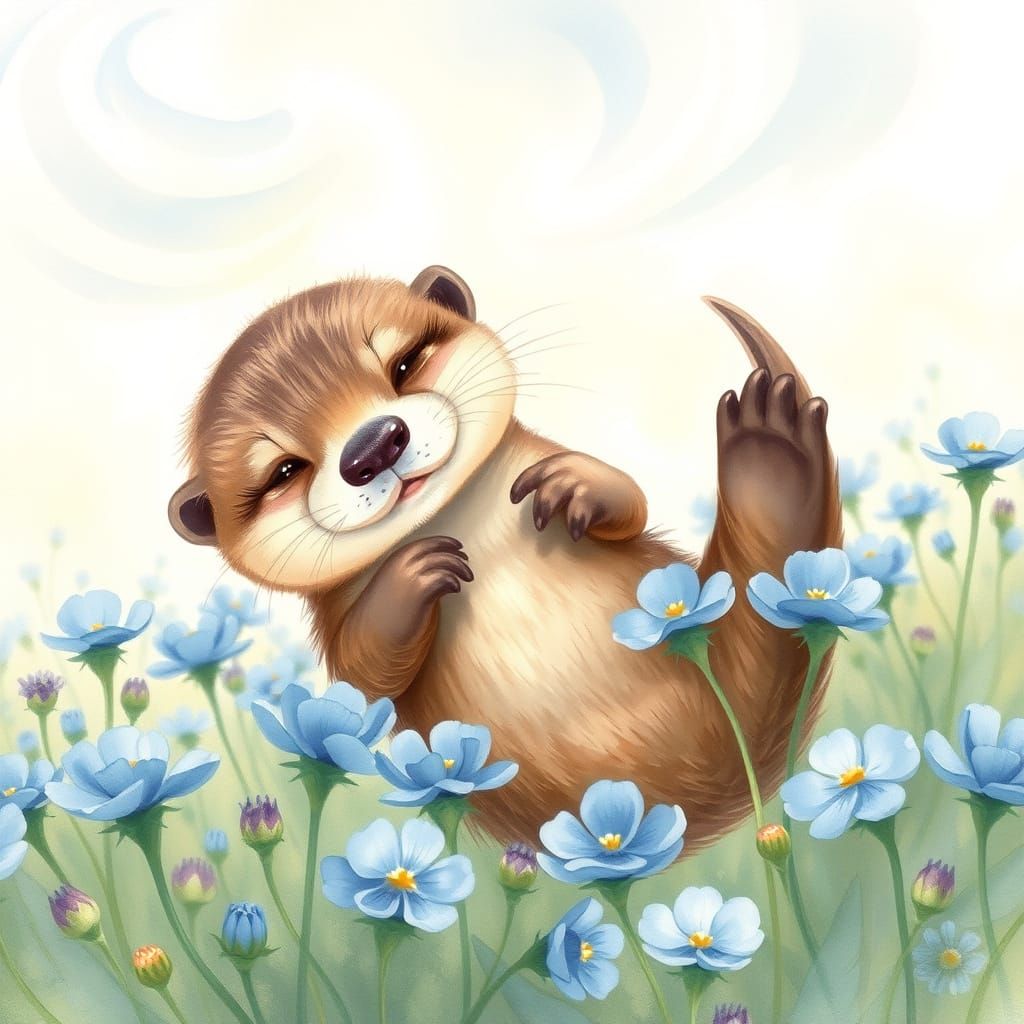 Playful Otter Pup in Bluebonnet Field: Watercolor Art