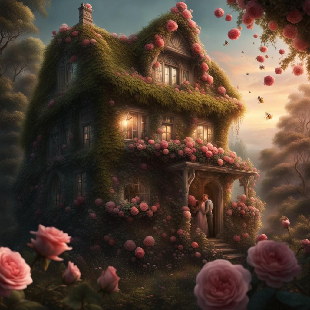 Rose-Covered Cottage in Forest: Digital Matte Painting