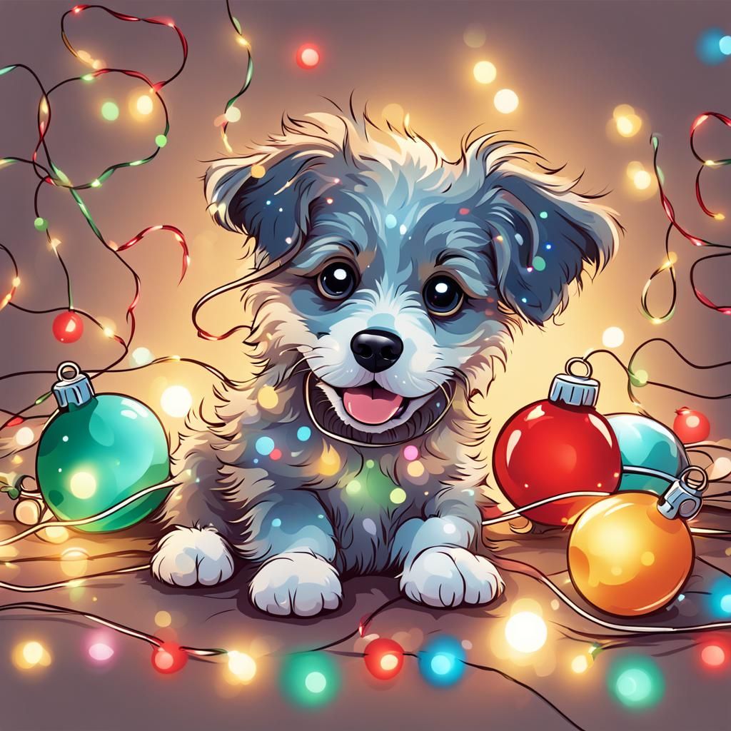 Cartoon Puppy's Christmas Light Mishap