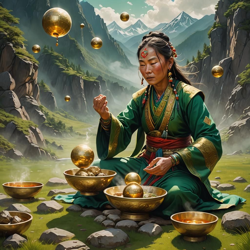 Mongolian Shaman Master Levitating Energy Orbs in Splash Art