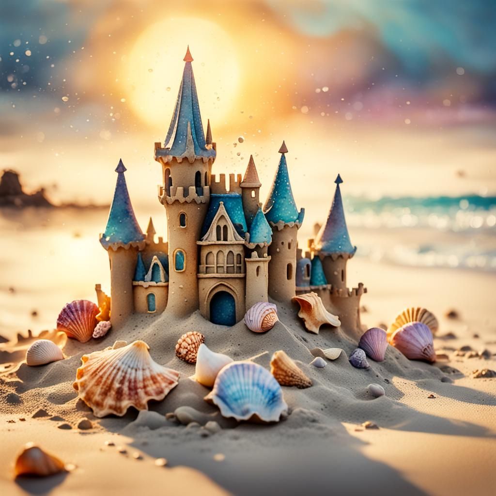 Watercolor Sandcastle with Seashells in Golden Hour