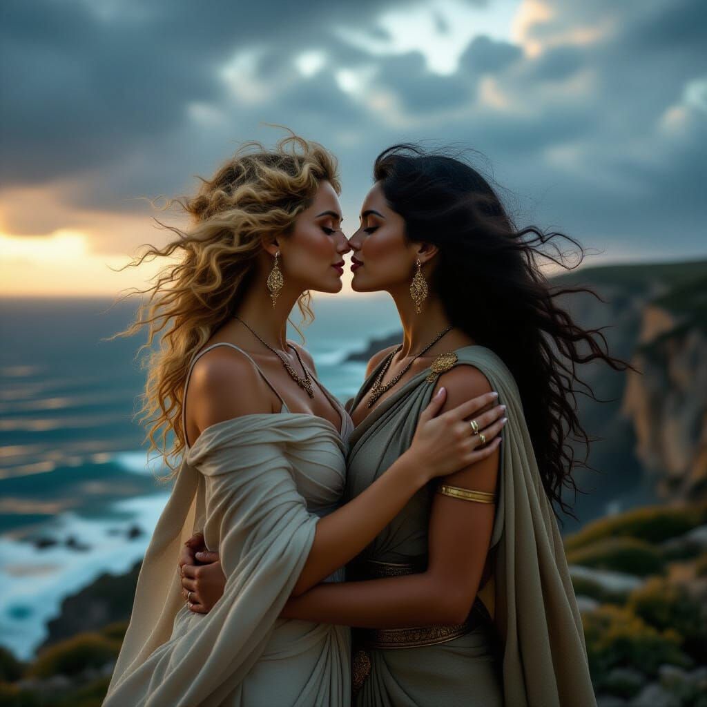 Grecian Goddesses Embrace on Stormy Cliff