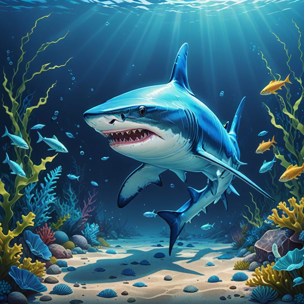 Vibrant Blue Shark Wears Stylish Shoes on Ocean Floor