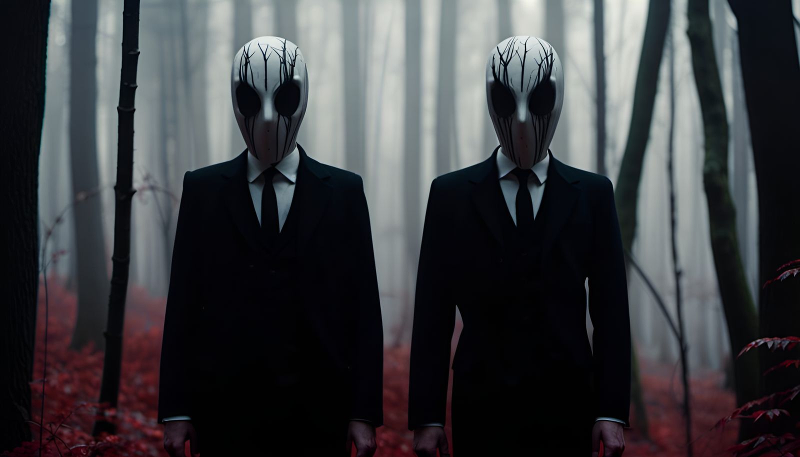 Creepy Slender Man in Red Forest, Photorealistic