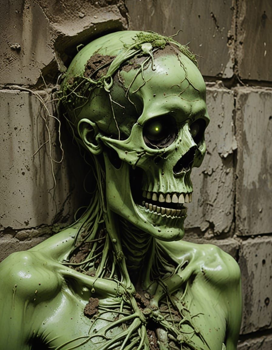Eerie Green Cadaver Decomposing in Urban Decay