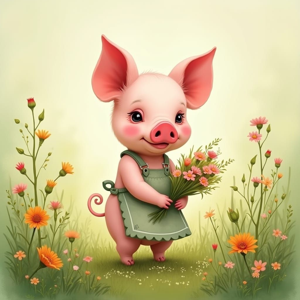 Cute Piglet in Whimsical Garden