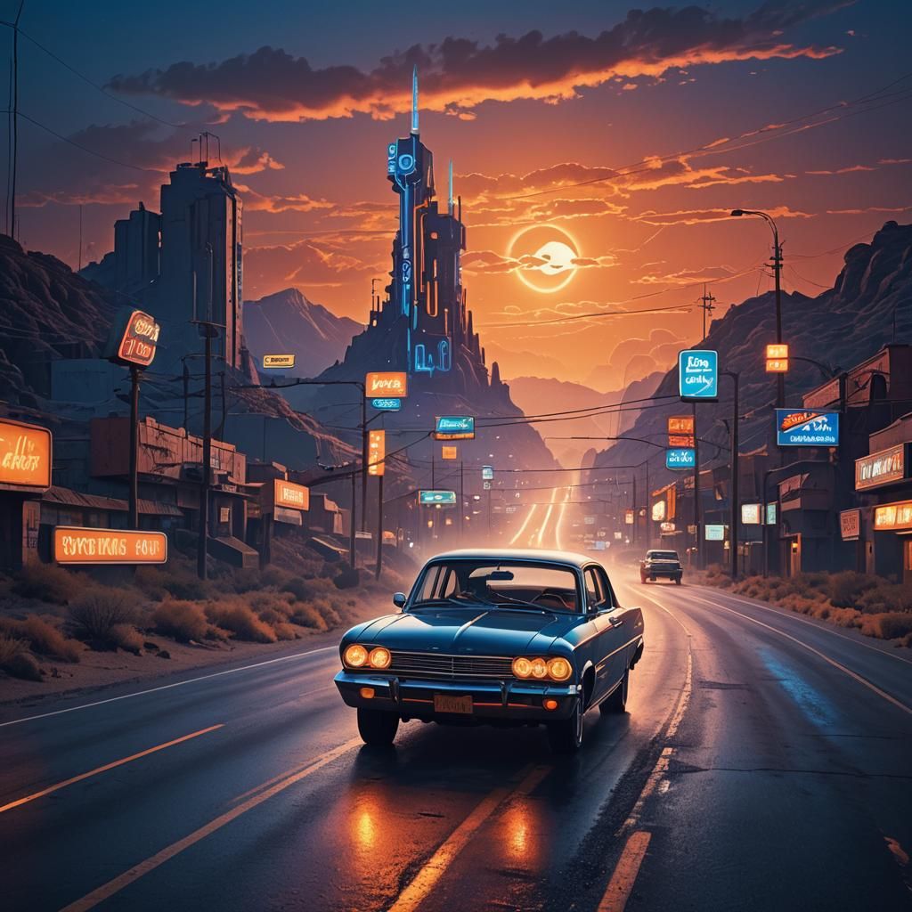 Vintage Car on Deserted Highway 66 at Night