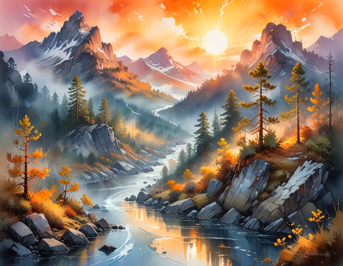 Mountain Vista at Dawn: Digital Painting in Watercolor Style