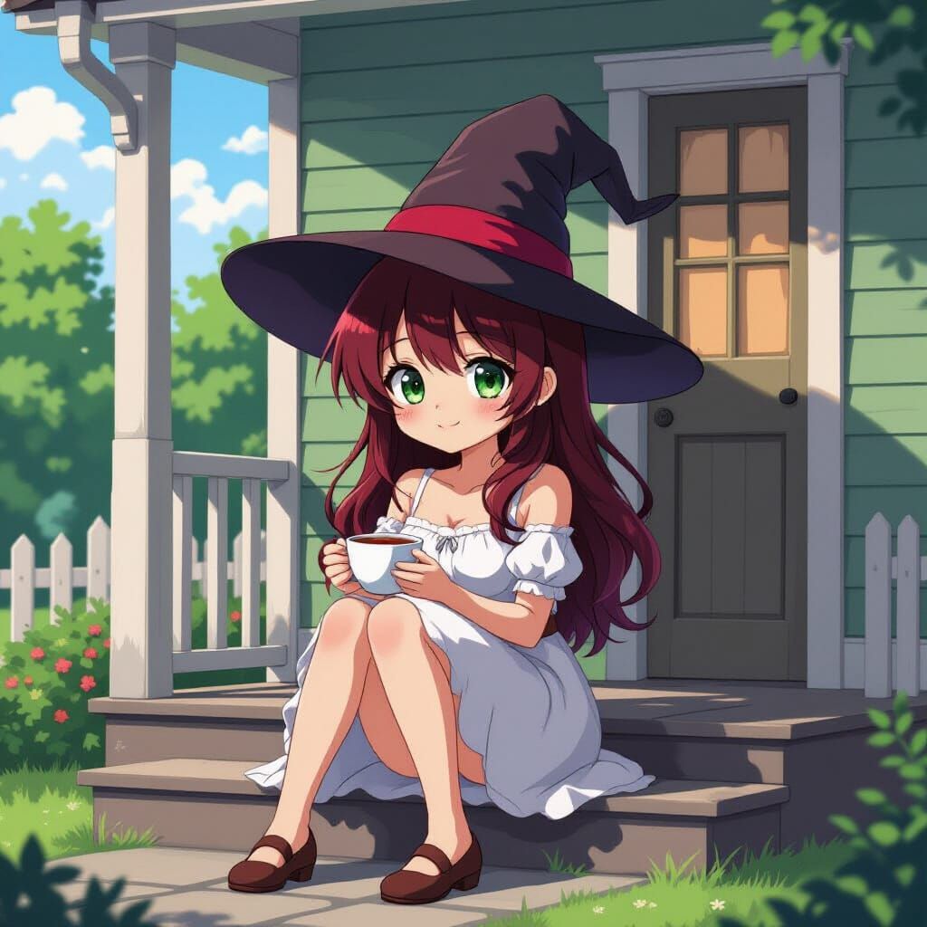 Anime Woman with Crimson Hair in Surreal Illustration