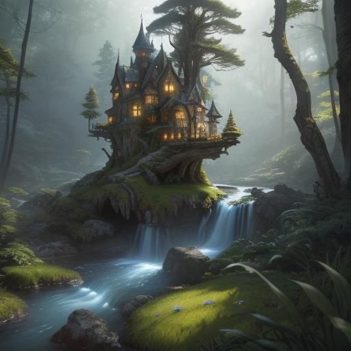 Miniature Fantasy World Inside Teacup, Arthur Rackham Style