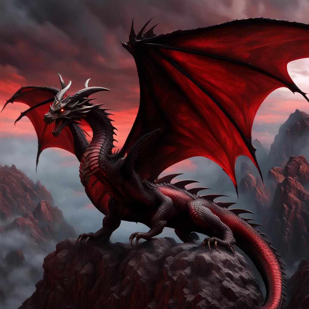 Red and Black Dragon in Dark Fantasy Art