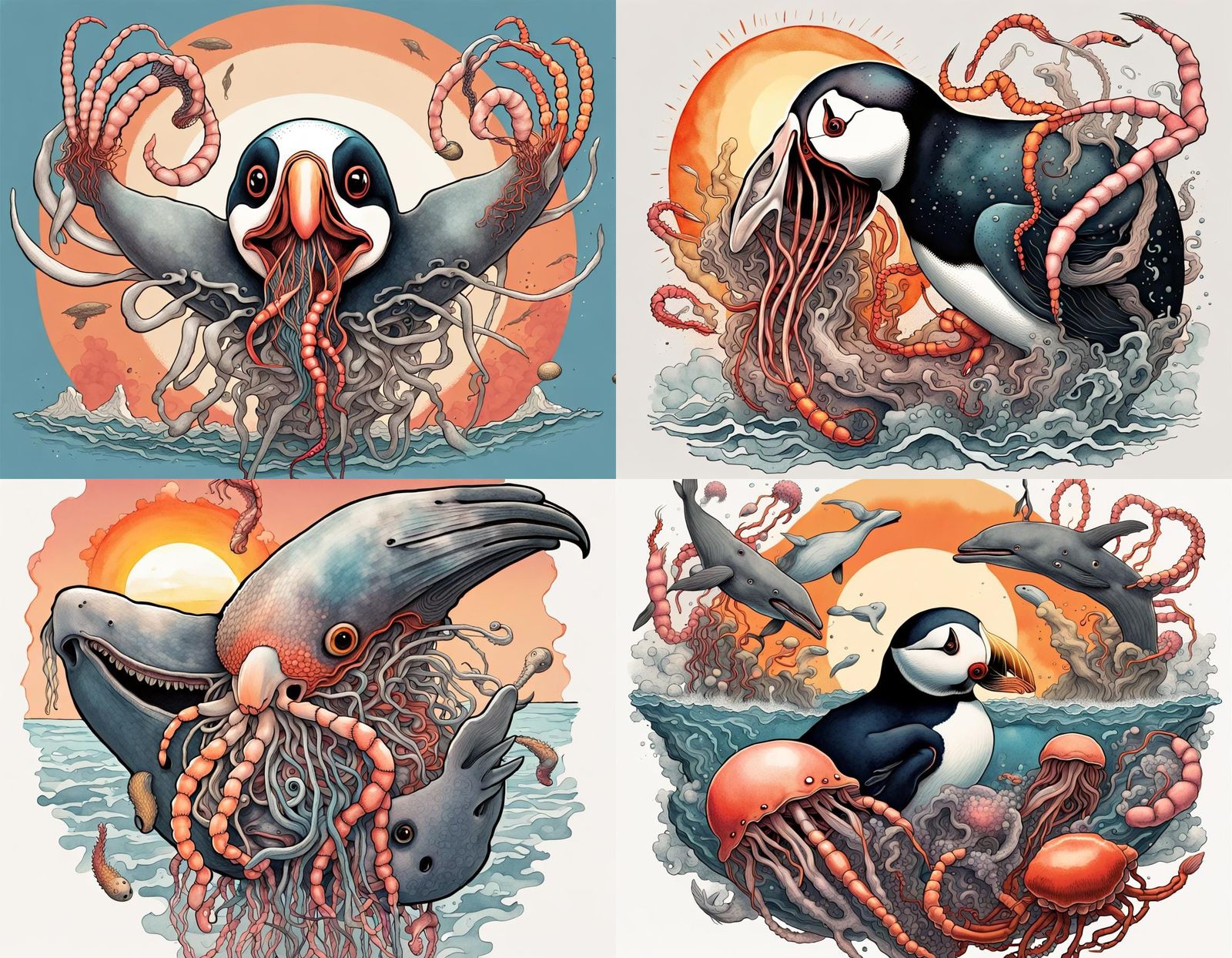 Hybrid Puffin Prawn Jellyfish Whale in Ink Painting Style