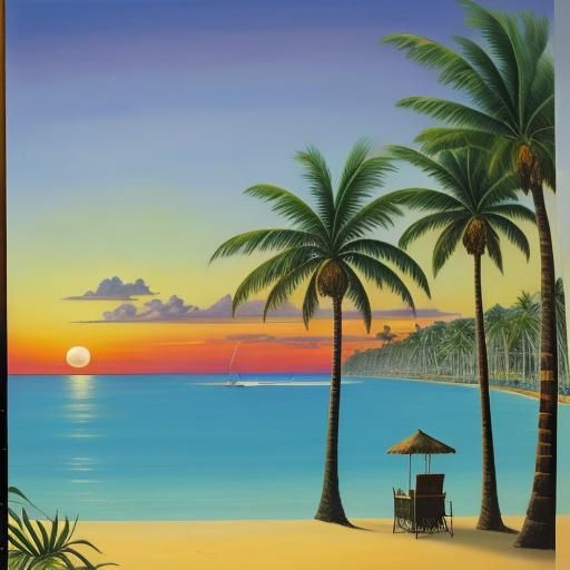 Tropical Beach Sunset in Surrealist Style