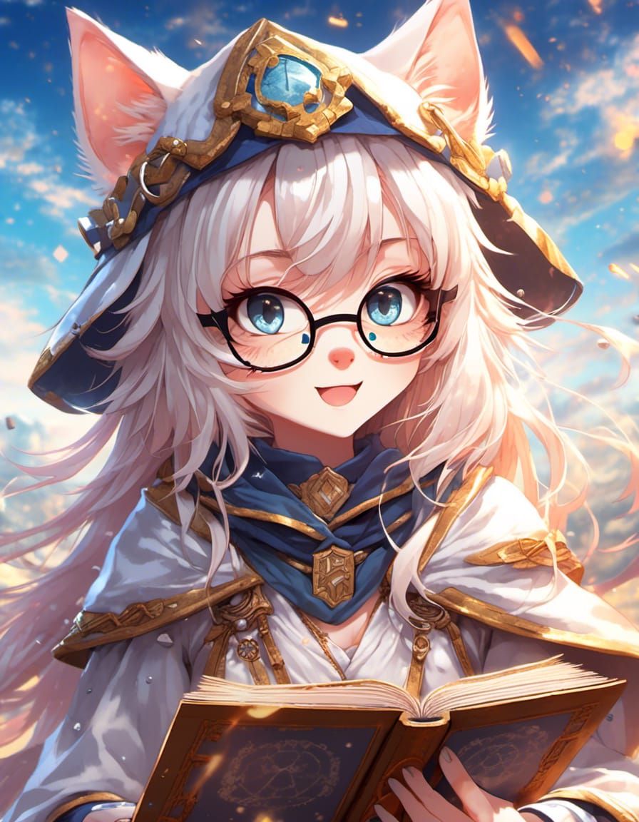 Kitten Wizard at Fantasy Academy in Anime Style