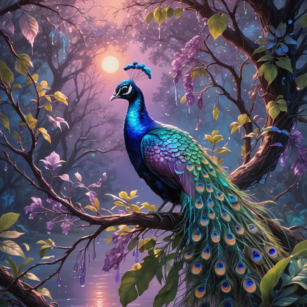 Bioluminescent Peacock Splash Art in Fauvist Style