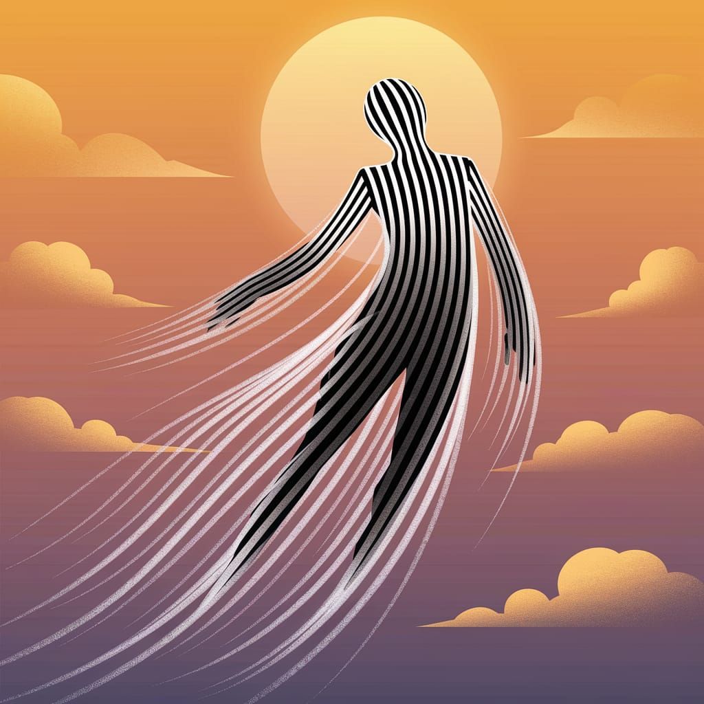 Ethereal Figure Ascends in Sunset Glow