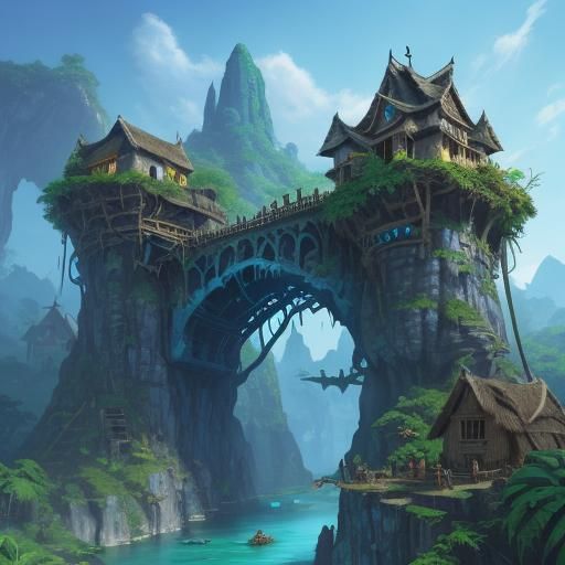 Goblin Village with Rope Bridges in Jungle Sketch Art